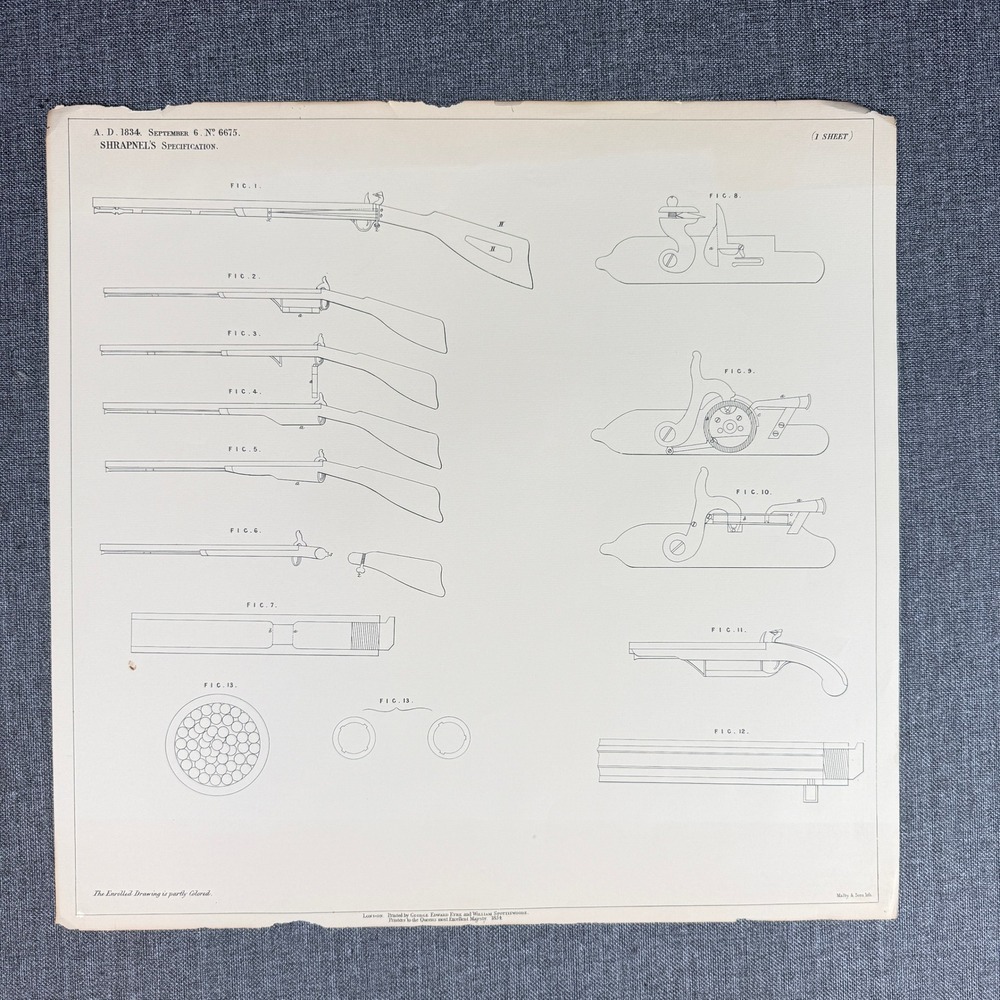 Antique 1854 Shrapnel's Specification Firearm Patent Lithograph Print 1834 Fair